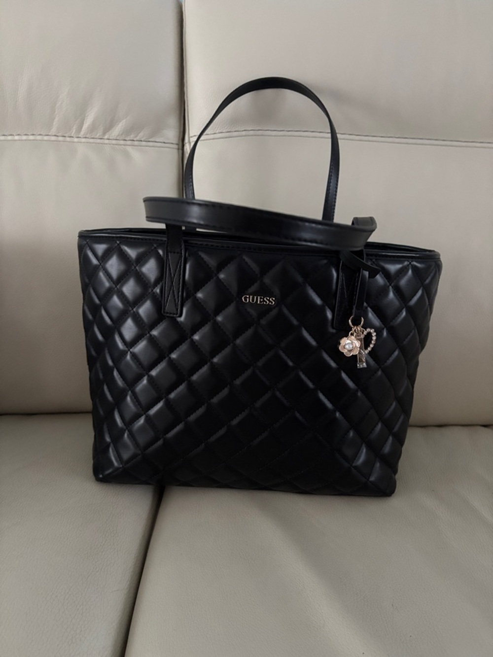 GUESS Black Quilted Tote with Gold Charm